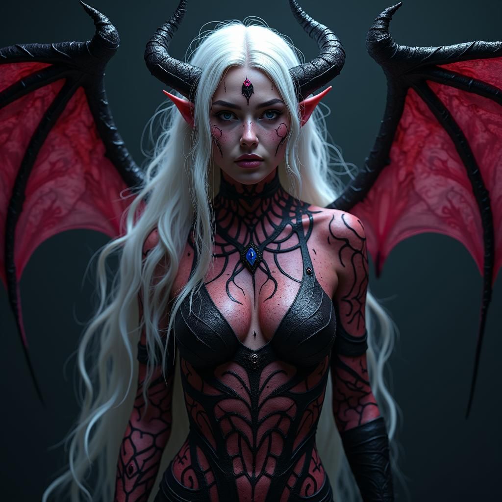 Gothic Tiefling with Bioluminescent Tattoos in Art Nouveau S...