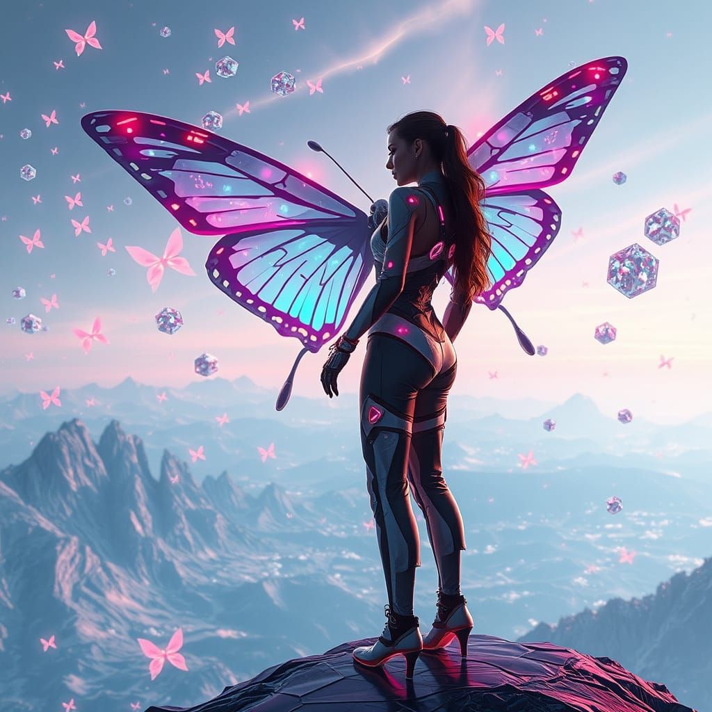 Surreal Cyberpunk Goddess Surrounded by Melting Polygons and...