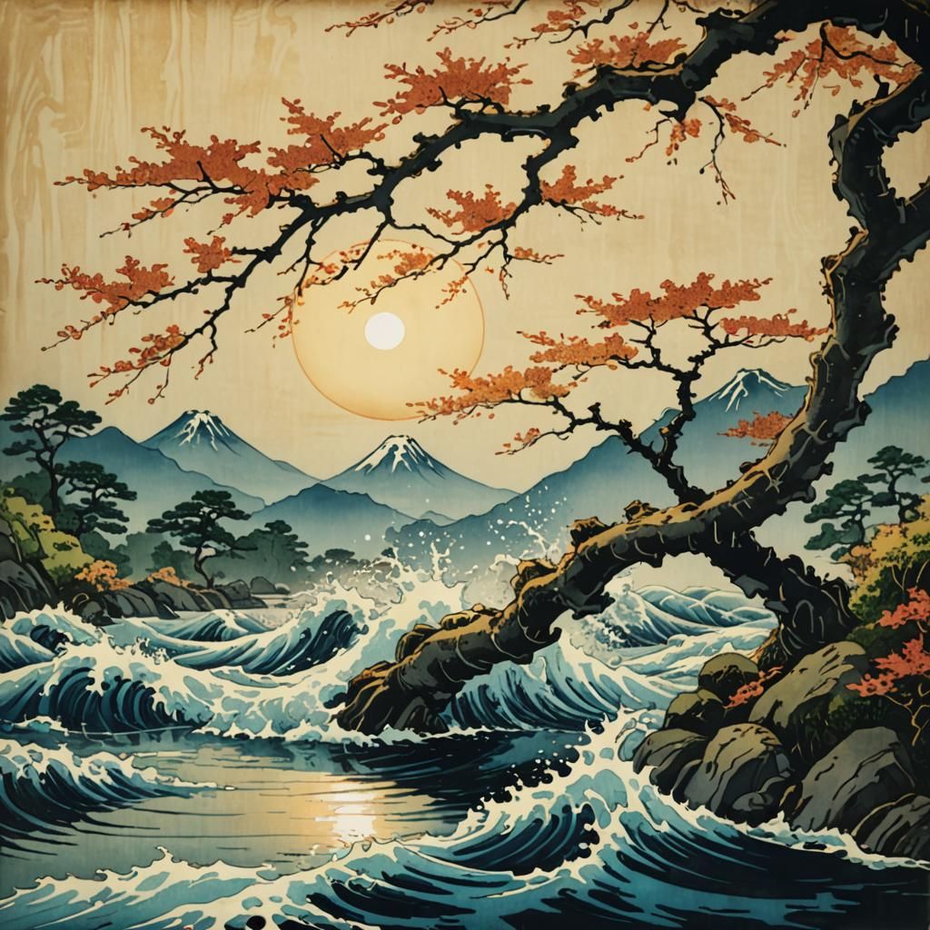Meiji-Era Water Reflection in Hokusai Style