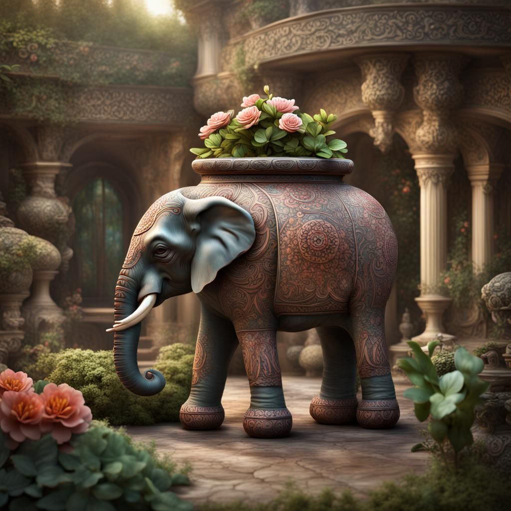 Elephant Pottery Vase in Maximalist Digital Painting