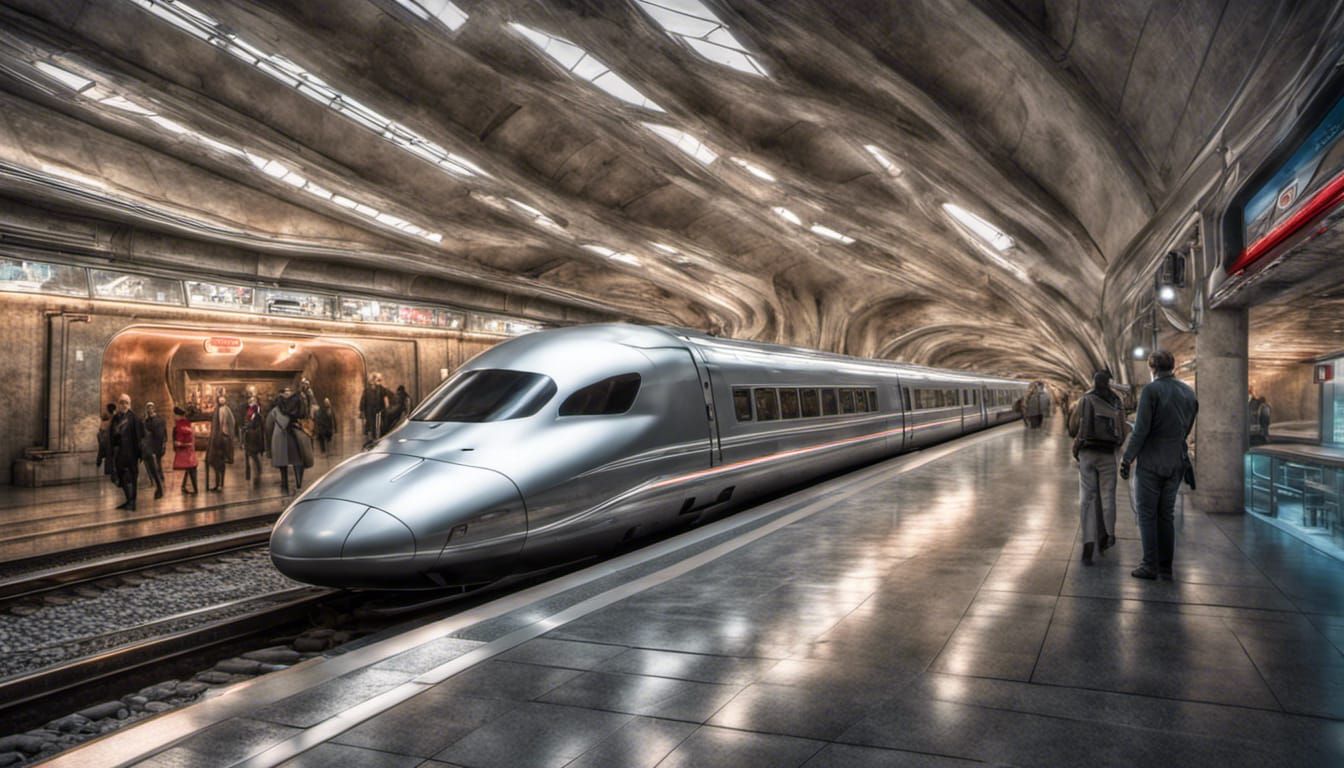 Futuristic Train Departs into Rocky Tunnel