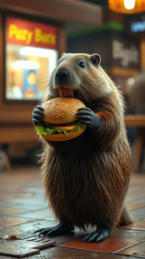 Beaver Savoring Burger in a Cinematic Masterpiece