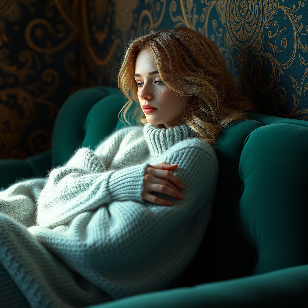 Cozy Blond Woman on Velvet Couch, Fantasy Art