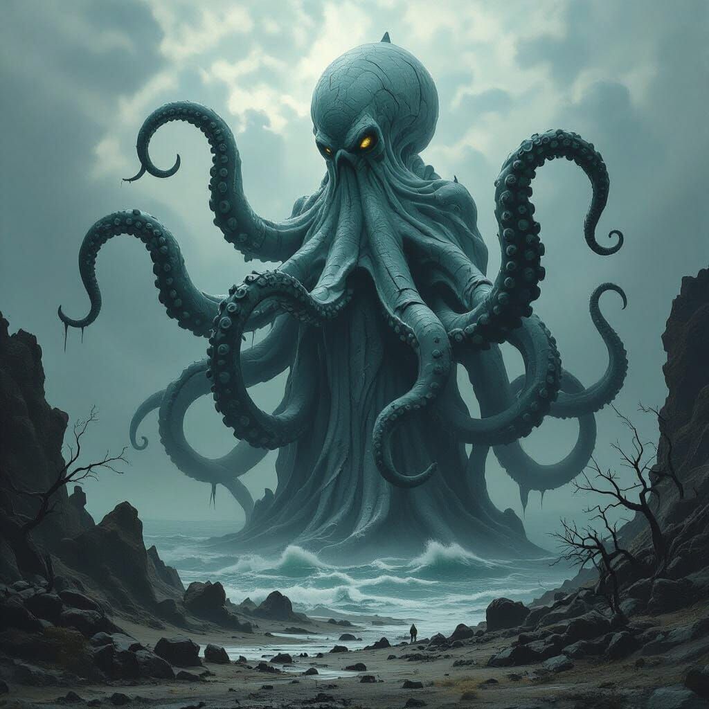 Marble Kraken Statue Guiding Ships in Dark Fantasy Landscape