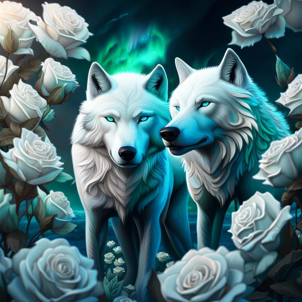 White Wolves and Aurora Borealis in 8K