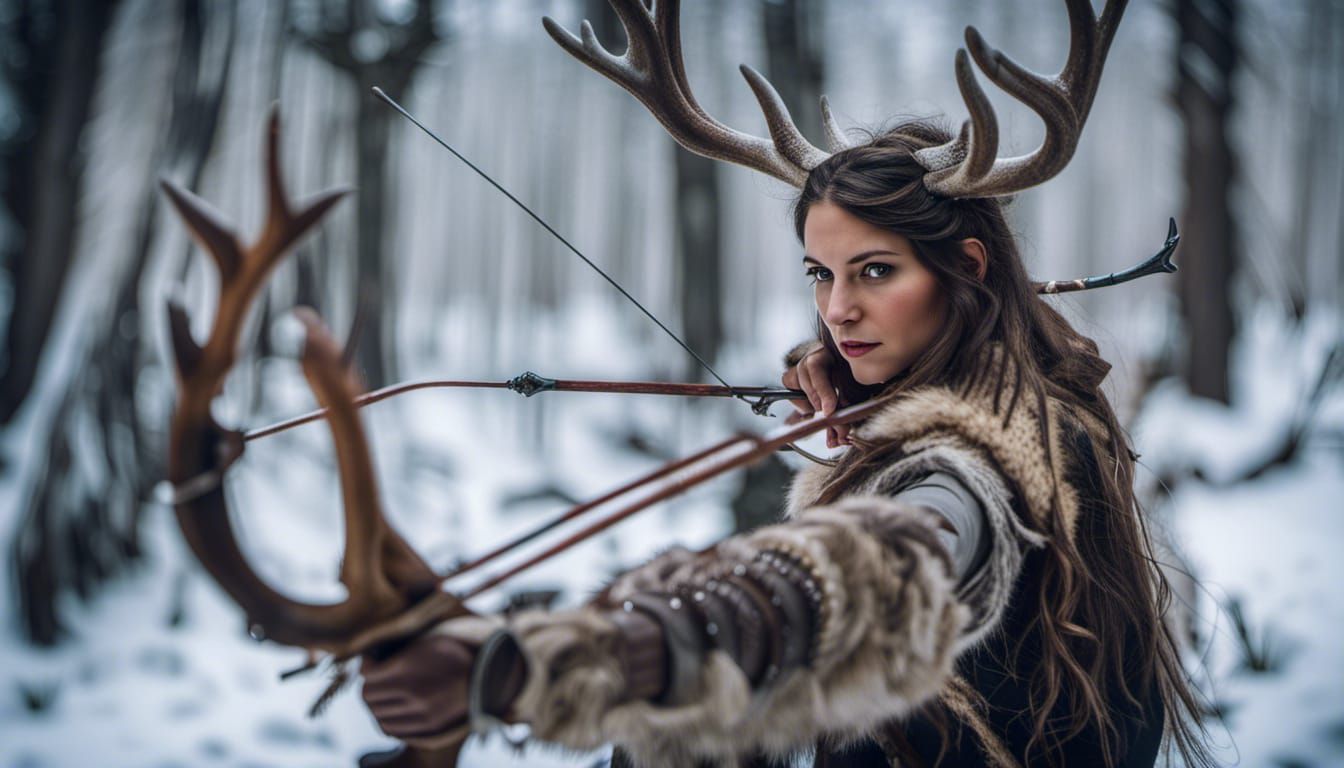 Artemis Hunts a Stag in Winter Forest
