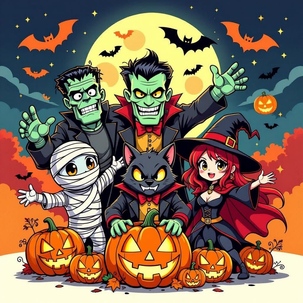 Anime Halloween Monsters Graphic: Frankenstein, Mummy, Werew...