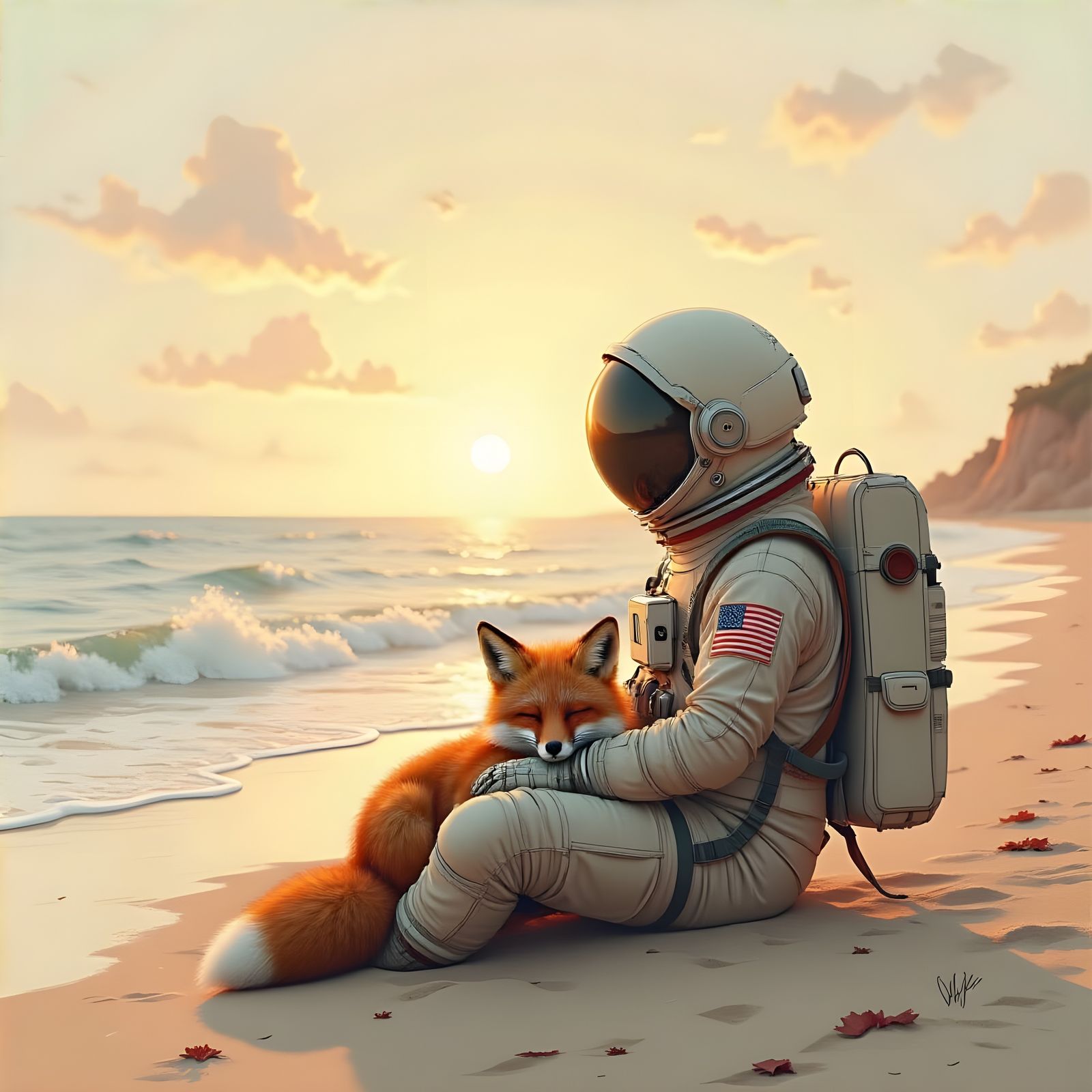 Astronaut and Fox: Beachside Relaxation