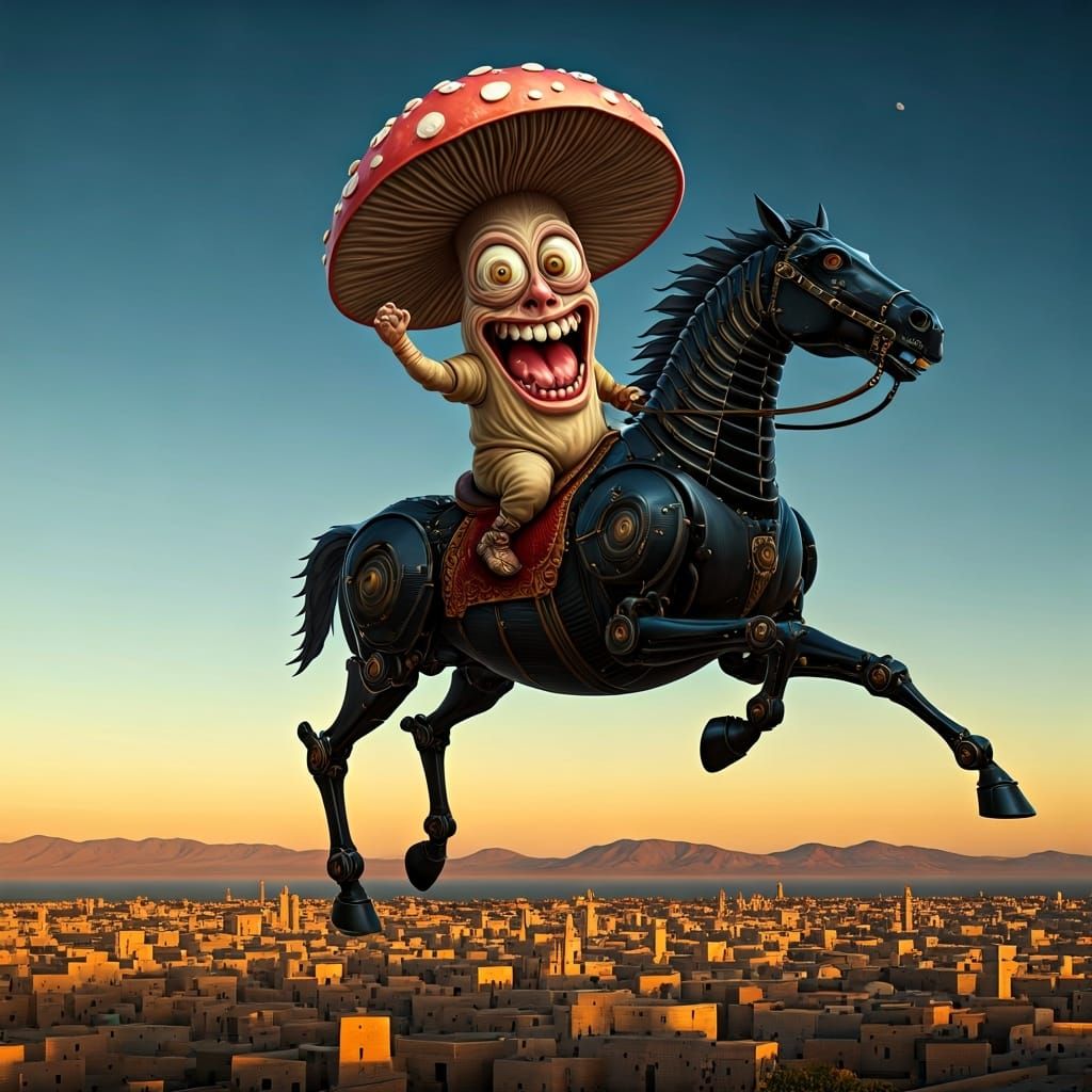 Manic Mushroom Rider on Flying Ebony Robot Horse