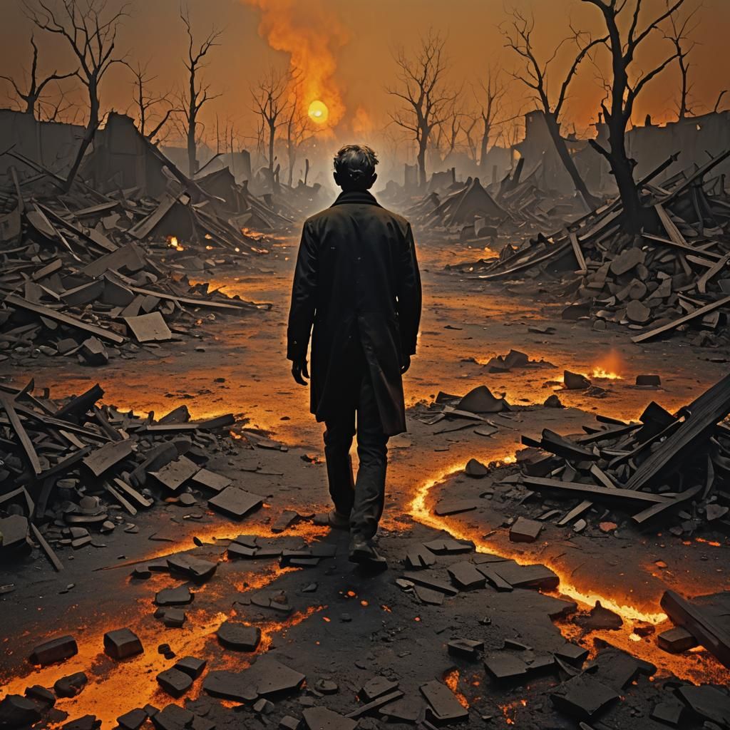 Surrealist Figure in Desolate Landscape Aftermath