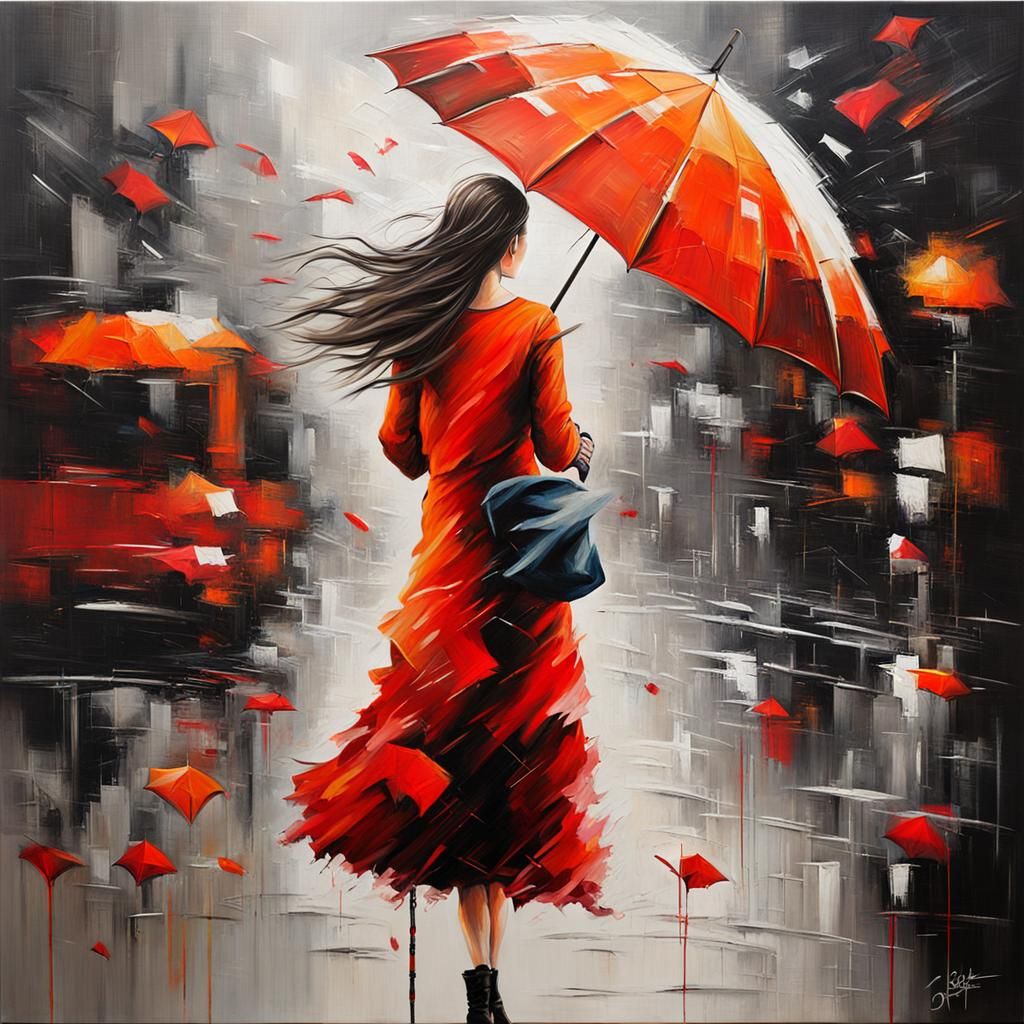 Woman with Red Umbrella in Fluid Dynamic Painting