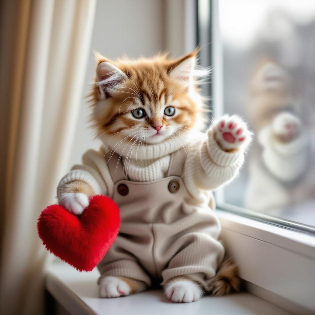 Adorable Fluffy Kitten Offers Plush Heart on Windowsill