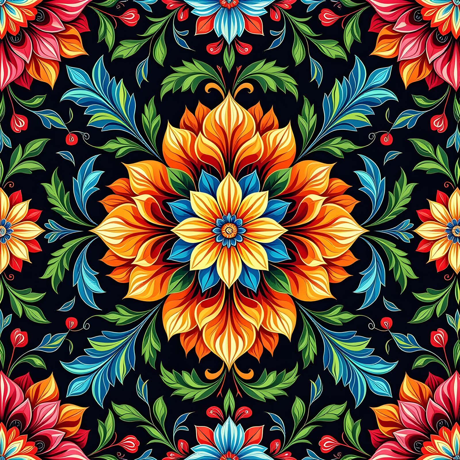 Vibrant Floral Geometric Pattern in Hyper-Realistic Style