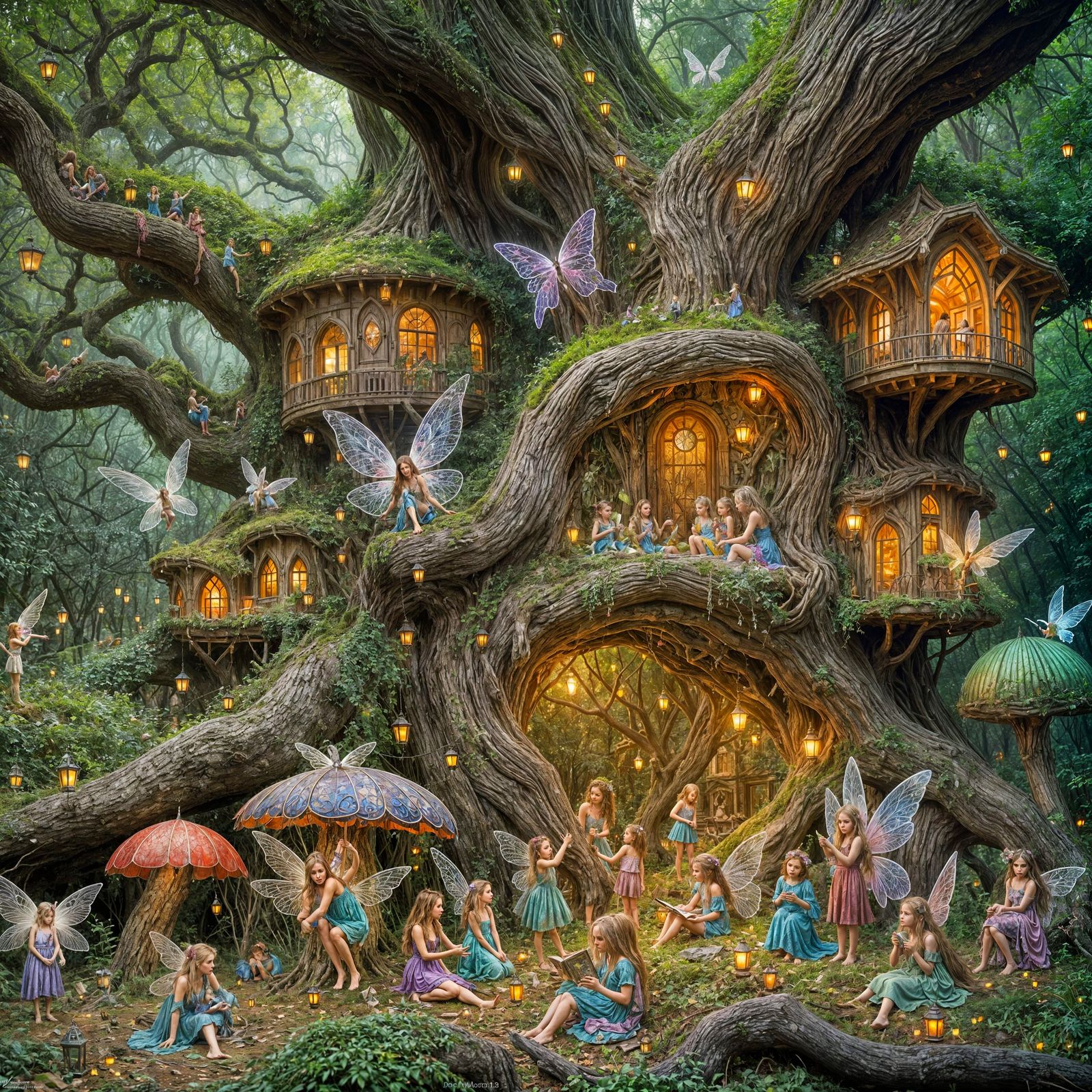 Whimsical Fairy Realm in Ancient Oak Tree
