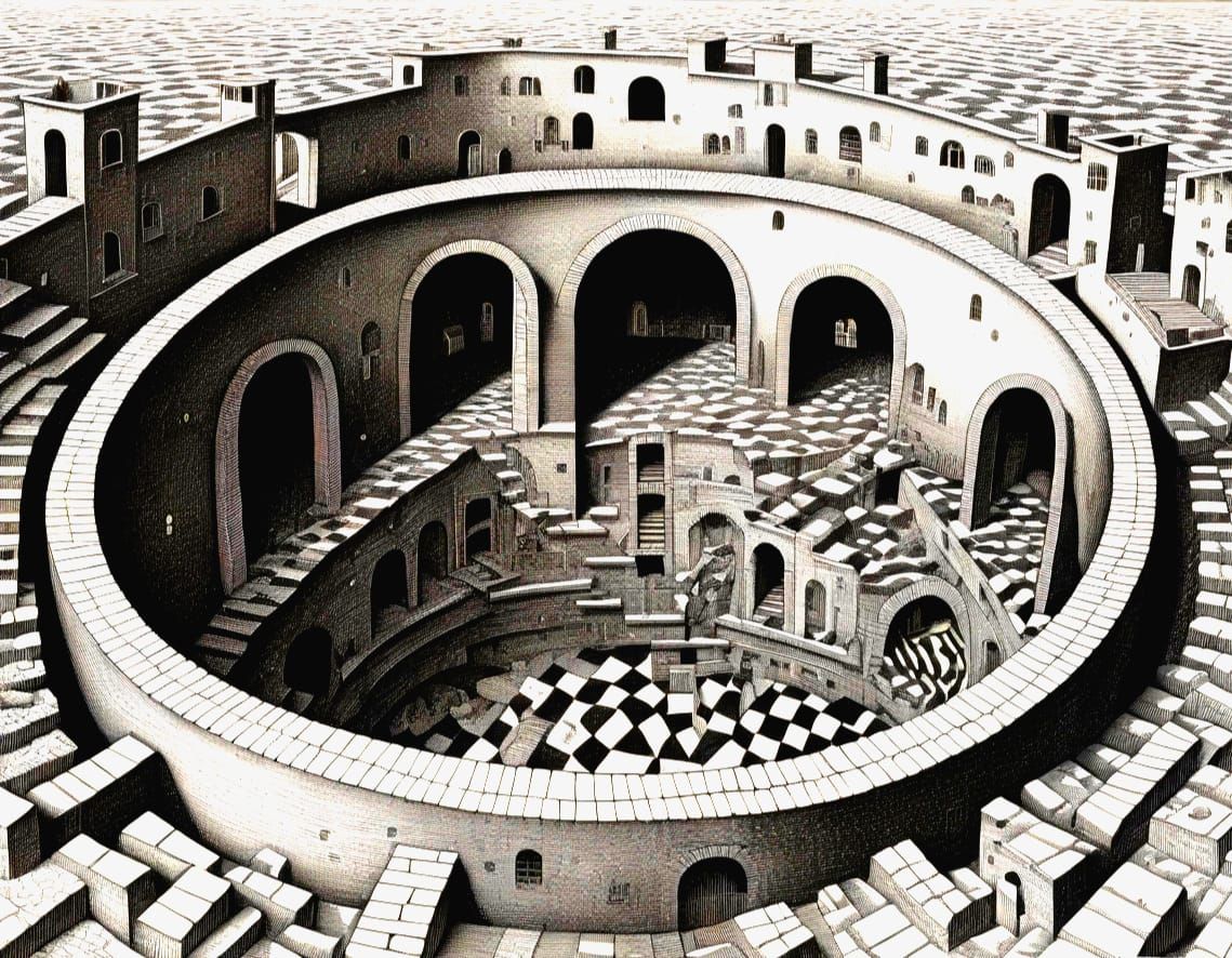 escher landscape the deep well