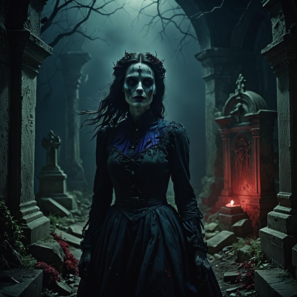 Eerie Figure Rises from Gothic Tomb: Surreal Art