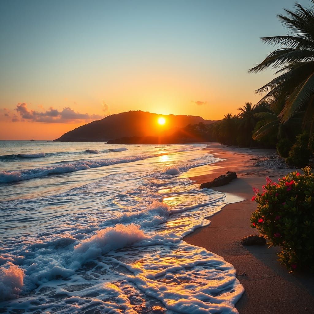 Golden Sunset on Crimean Beach with Tropical Foliage