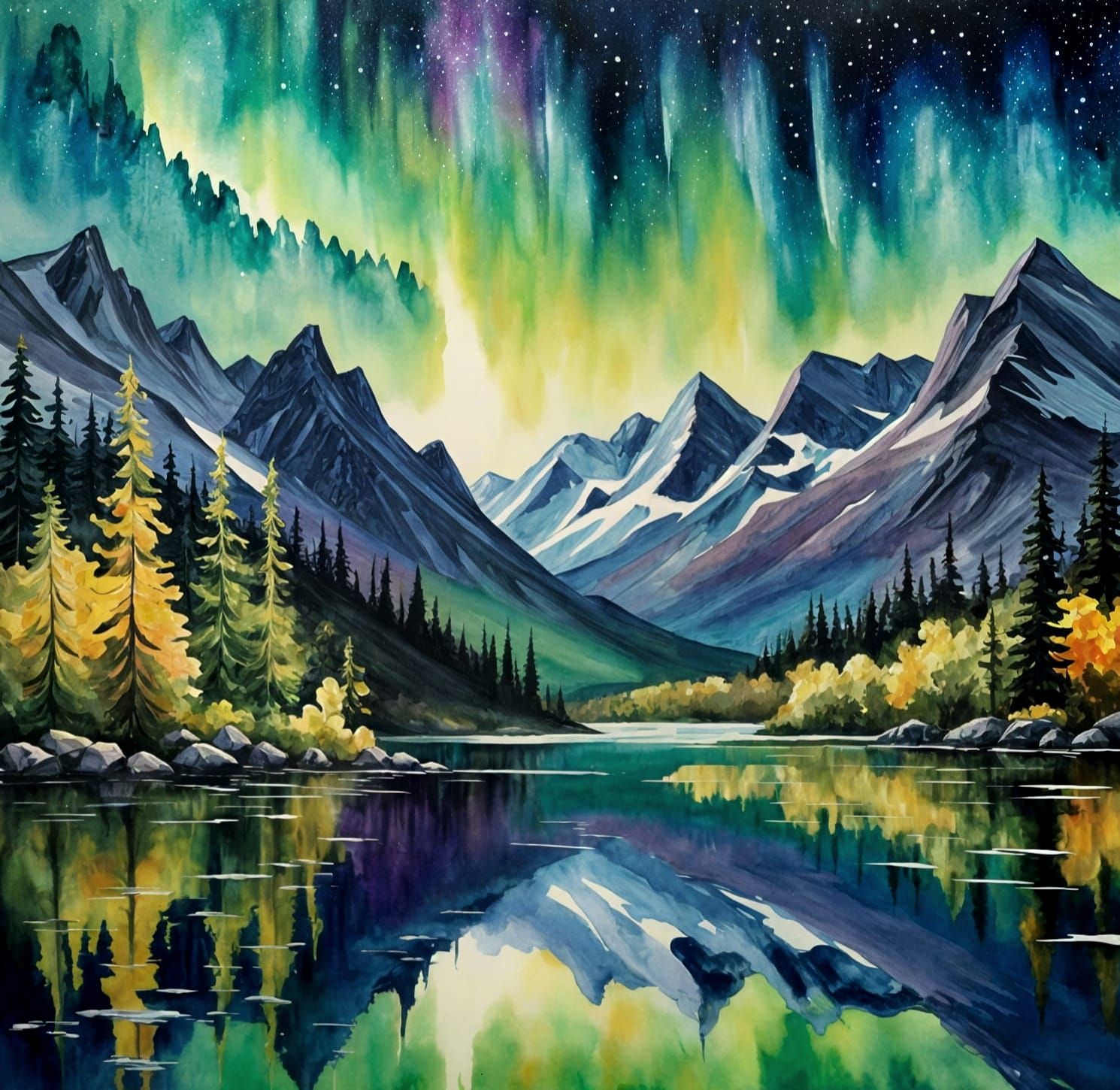Aurora Borealis Reflected: A Gouache Style Masterpiece