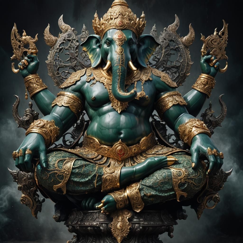 Ganesha in Steel Armor on Iron Throne