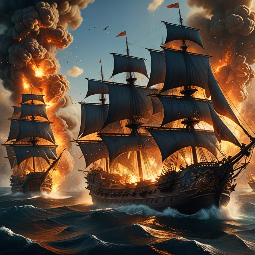 Epic Galleon Battle in Vibrant Oil Painting Style