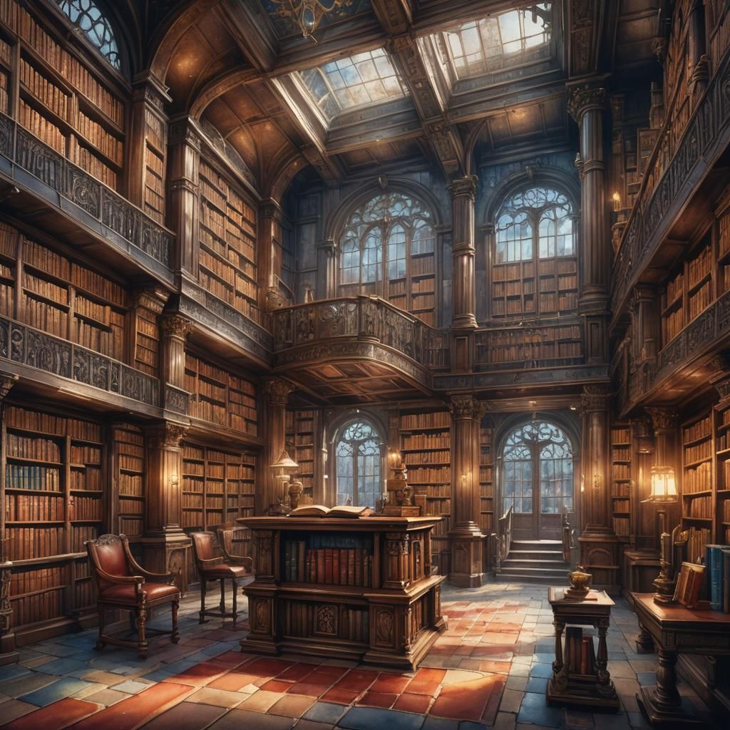 Ancient Library Tome: Intricate Watercolor Painting