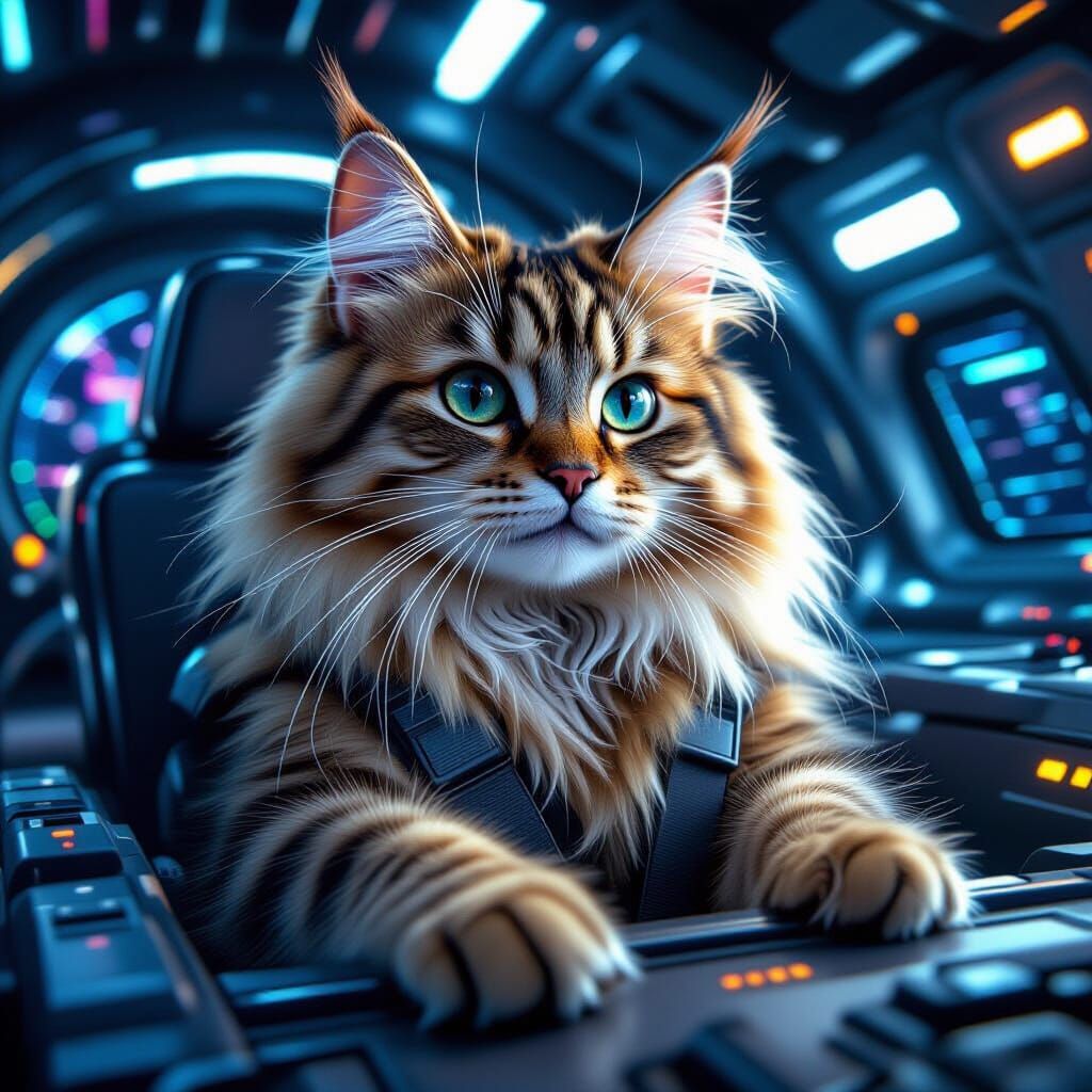 Fluffy Cat Pilot in Futuristic Spaceship Cockpit
