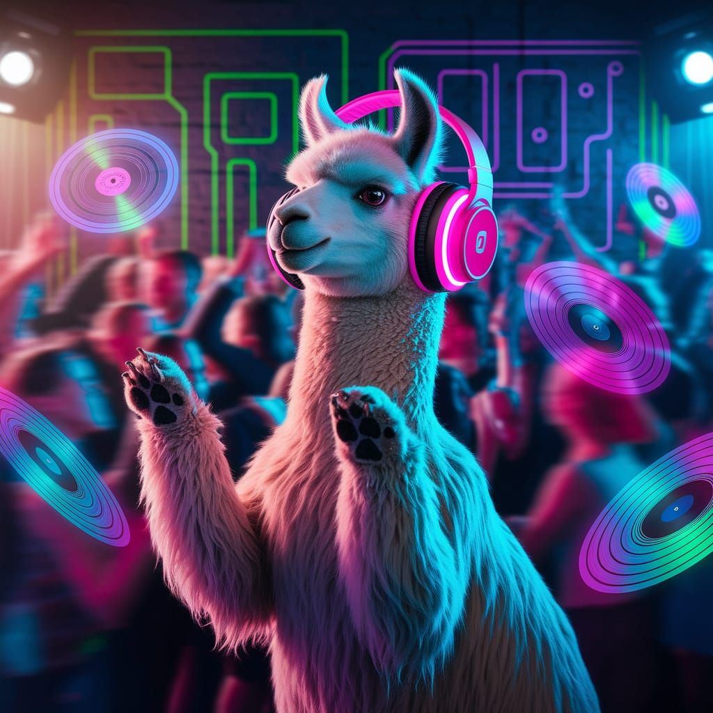 Llama DJ with Neon Headphones in Cyberpunk Style