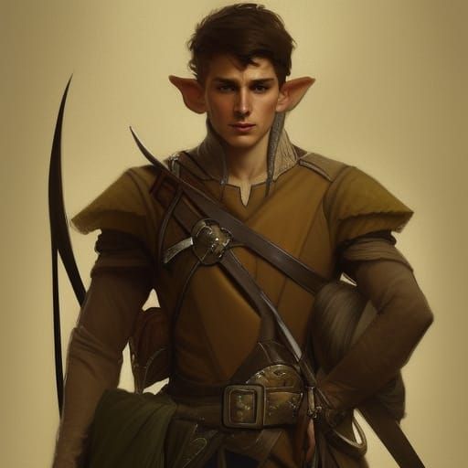 portrait of a beautiful fit young elf male ranger, with fluent cloths, leather armor, by greg rutkowski and alphonse muc...