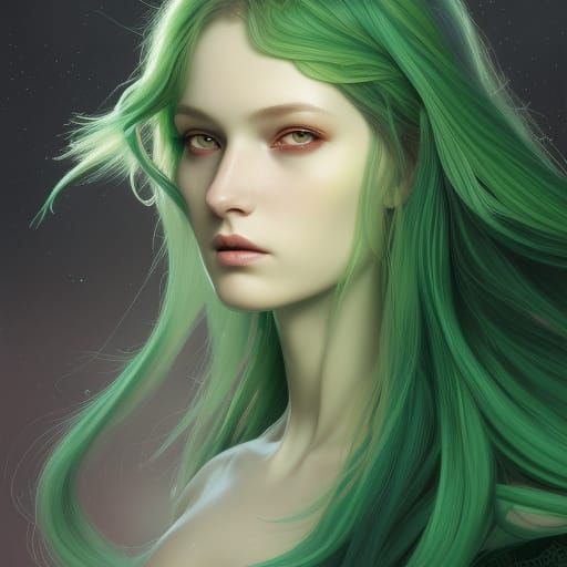 Green-Haired Goddess Portrait in a Fantasy Style