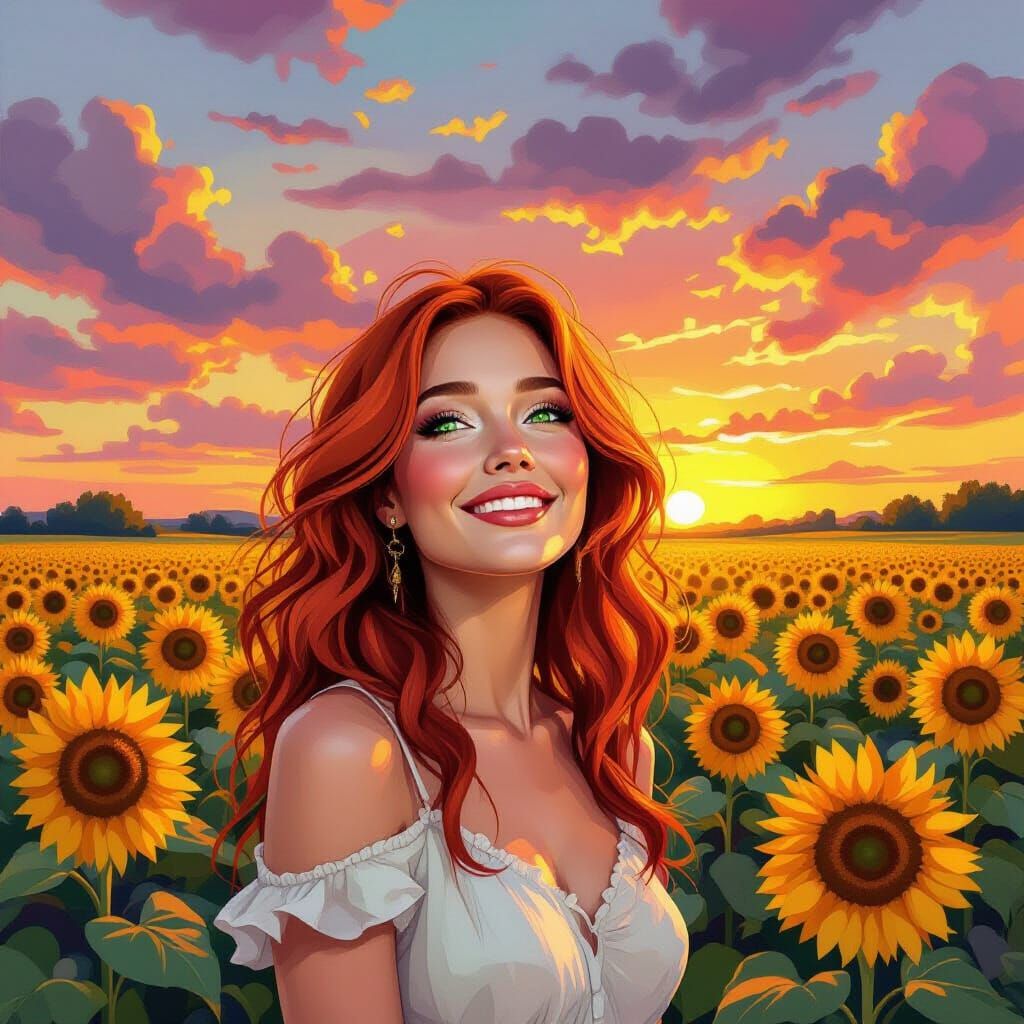 Vibrant Mural of Joyful Redhead Woman in Sunflower Field