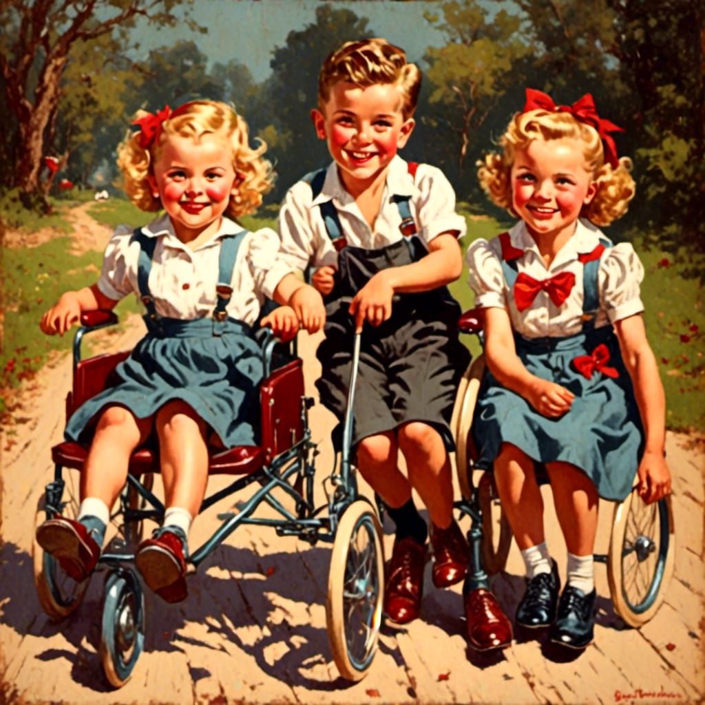 Happy Disabled Children in Retro Rockabilly Style