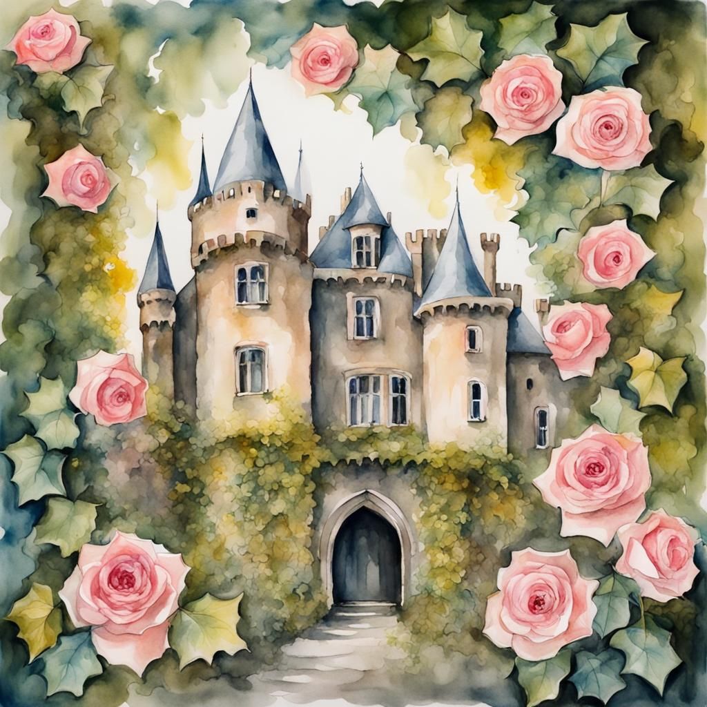 Watercolor Castle Overgrown with Ivy and Roses