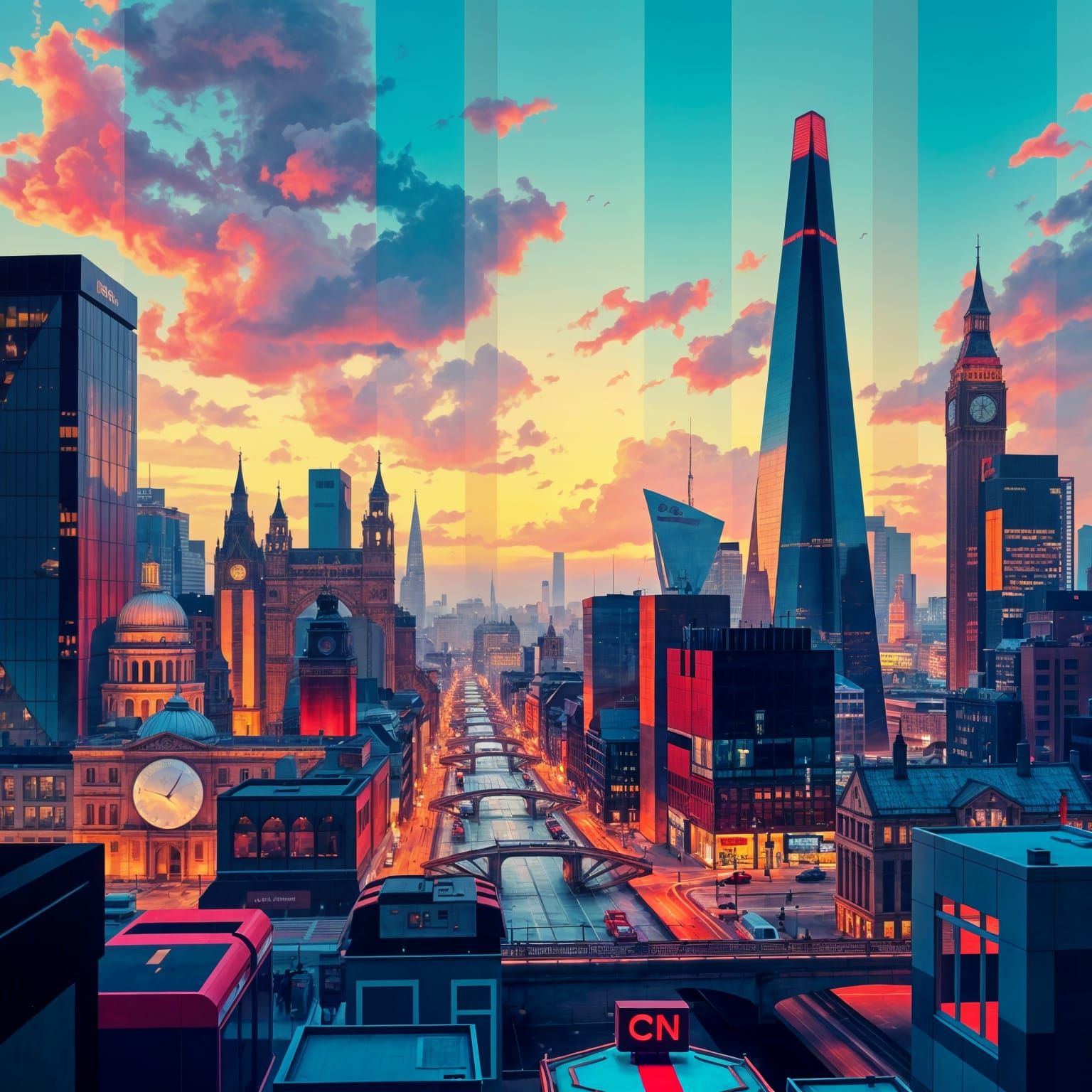 London Skyline at Night in Abstract Illusionism