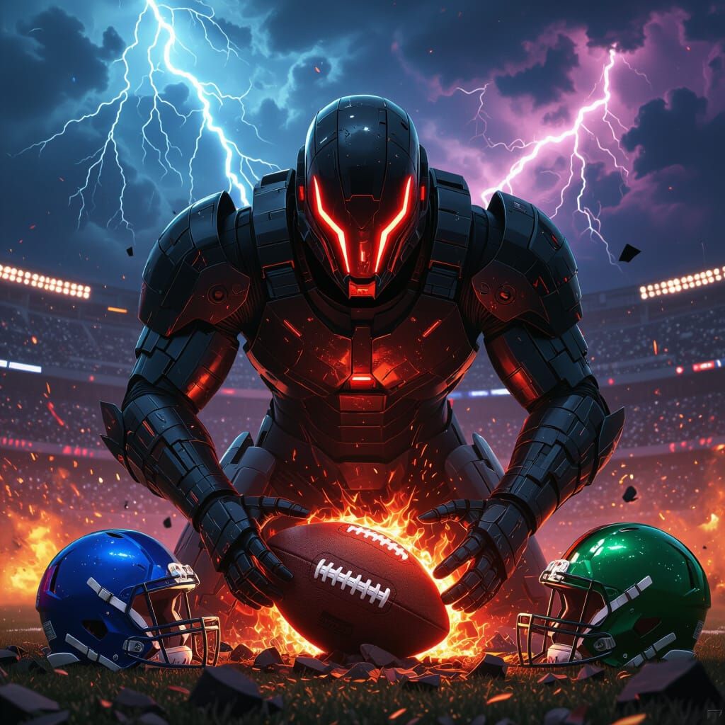 Futuristic Armored Villain Crushing Energy Football