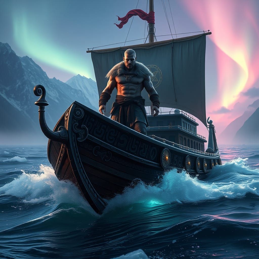 Warrior on Runestone Boat in Northern Cyberpunk Landscape