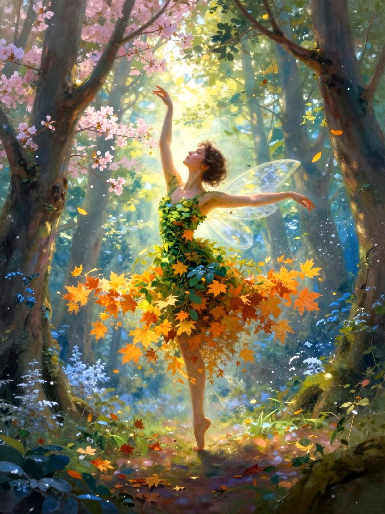 Enchanted Forest Fairy Dancing Through Seasons