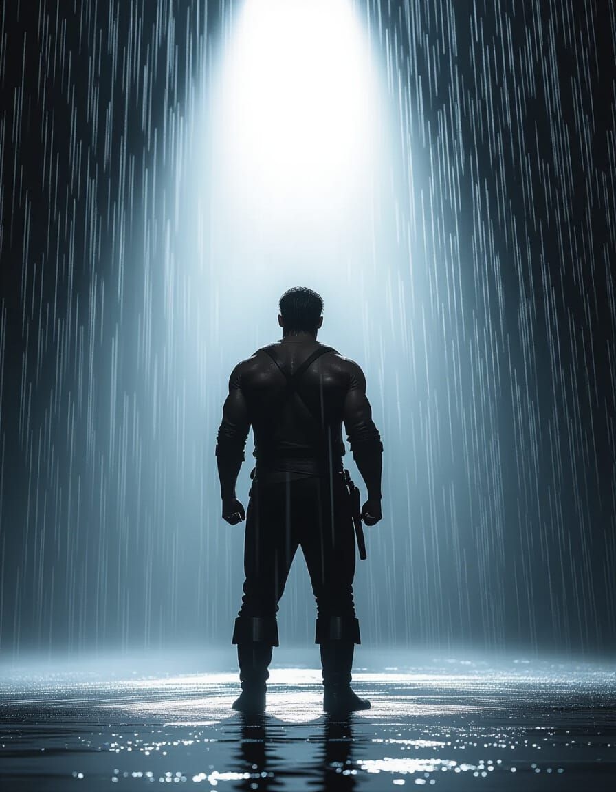 Heroic Man in Rain, Dramatic Chiaroscuro Lighting