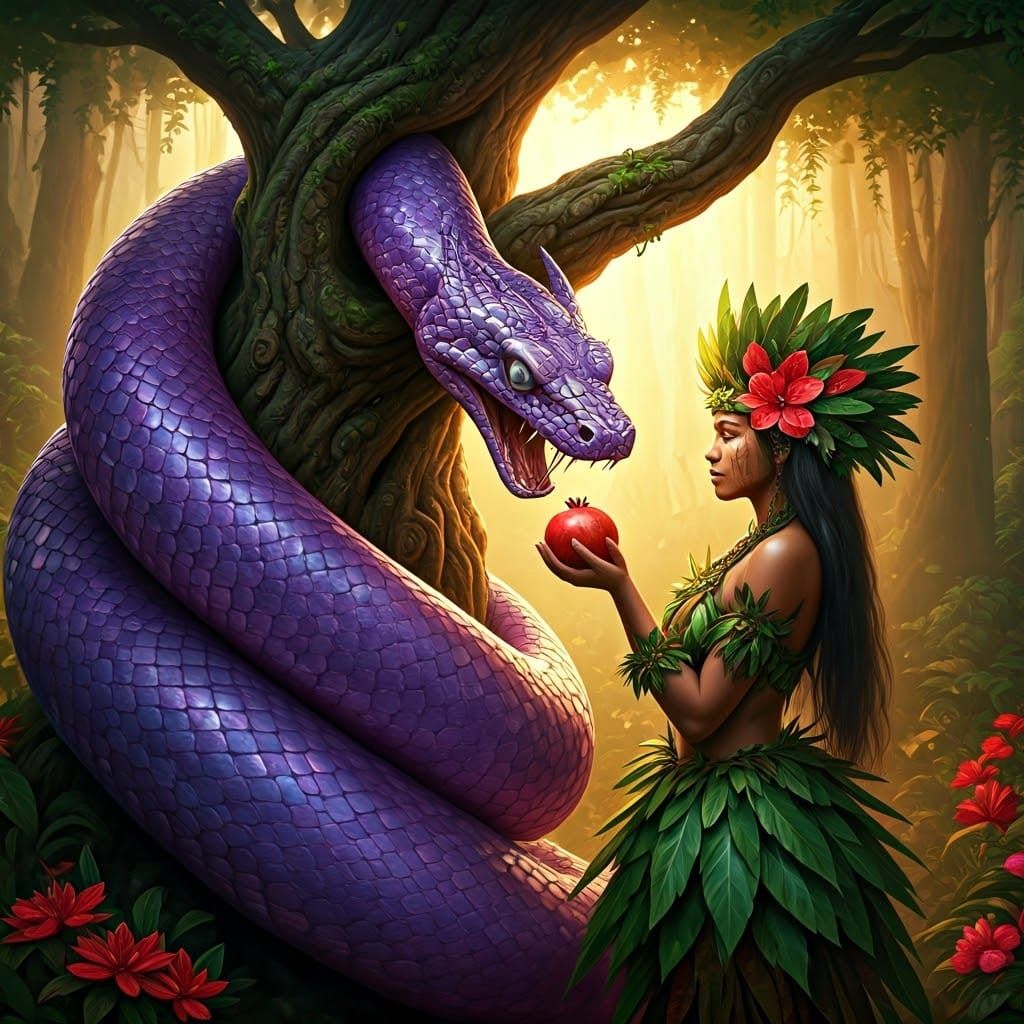 Maori Woman and Serpent Offering Exotic Fruit