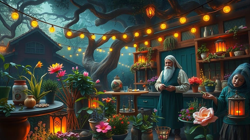Gentle Herbalist Amidst a Lush, Glowing Garden in a Detailed...