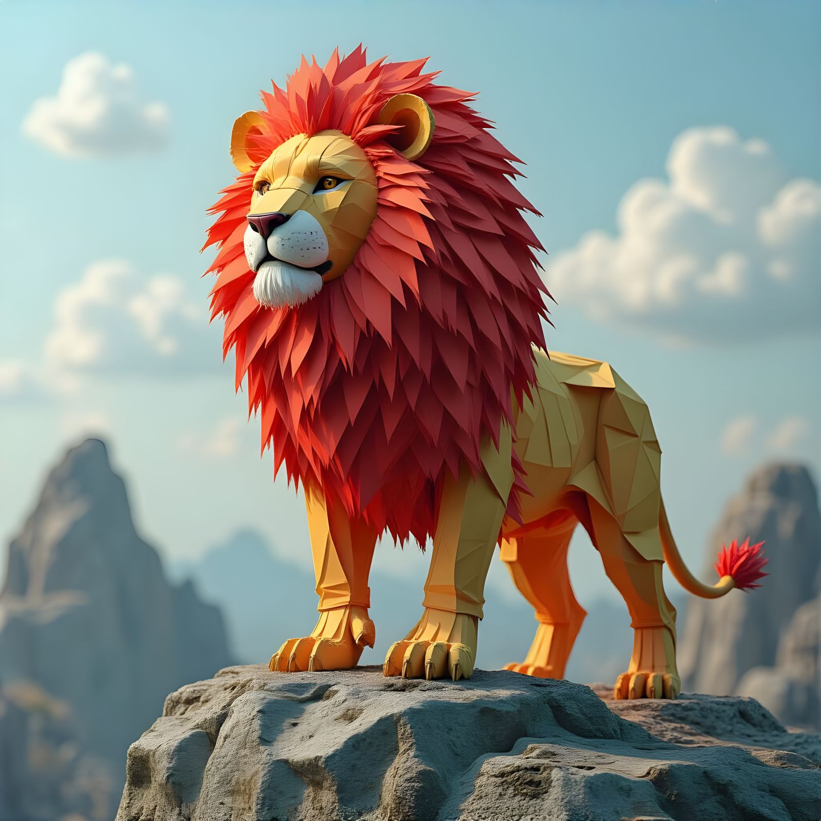 Colorful Paper Lion on Rocky Outcrop in 3D Render