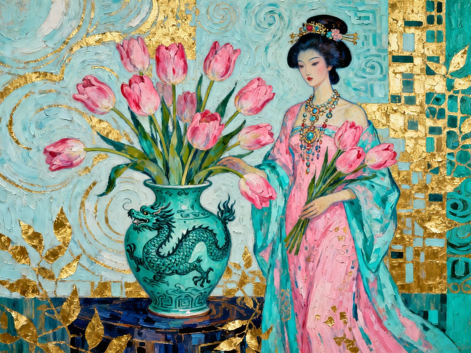 Pink Tulips in Dragon Vase with Geisha, Klimt & de Kooning S...