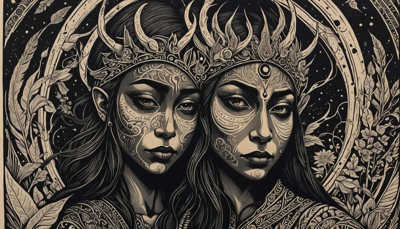 Heyoka, dark empath, trickster. woodcut, linocut