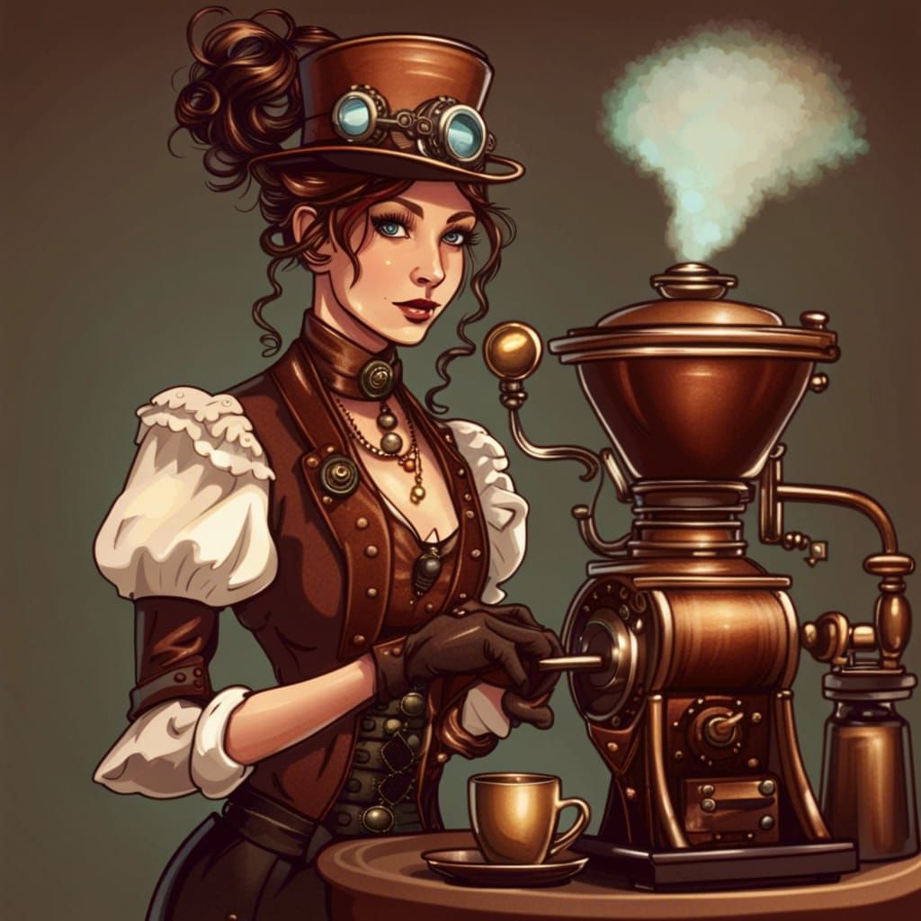 Steampunk Barista with Fantasy Customer