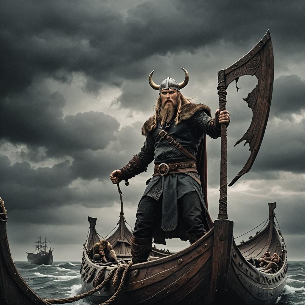 Viking at Longship Prow in Dark Fantasy Style