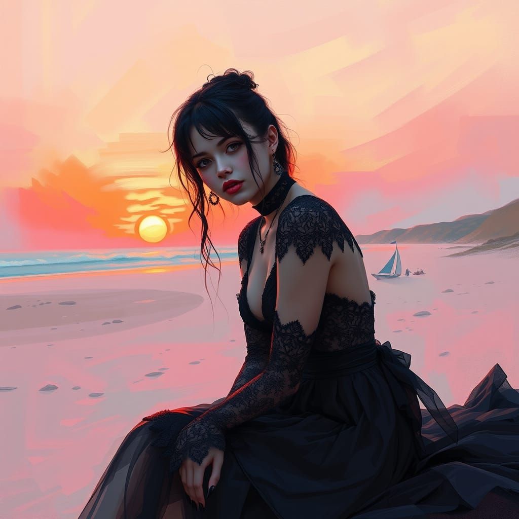 Gothcore Lady on Beach at Sunrise: Digital Painting