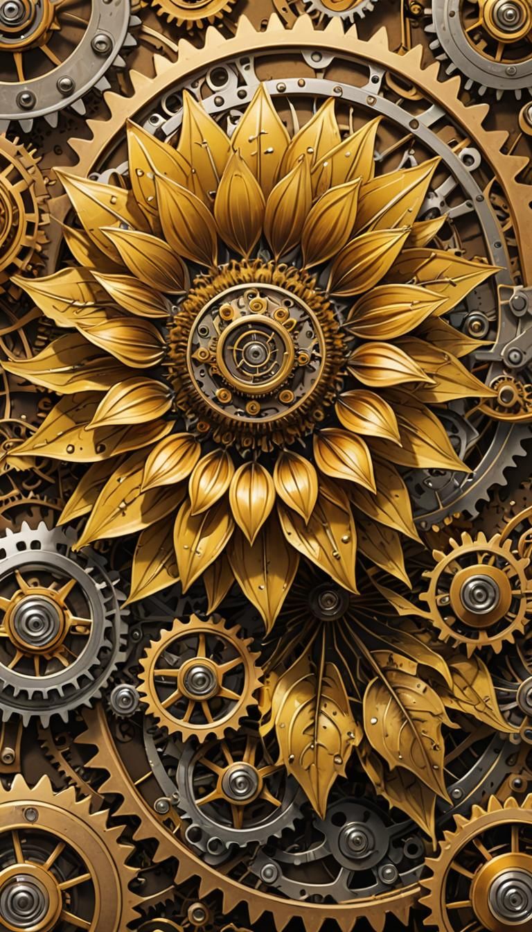 Mechanical Sunflower in Steampunk Style, Close-Up
