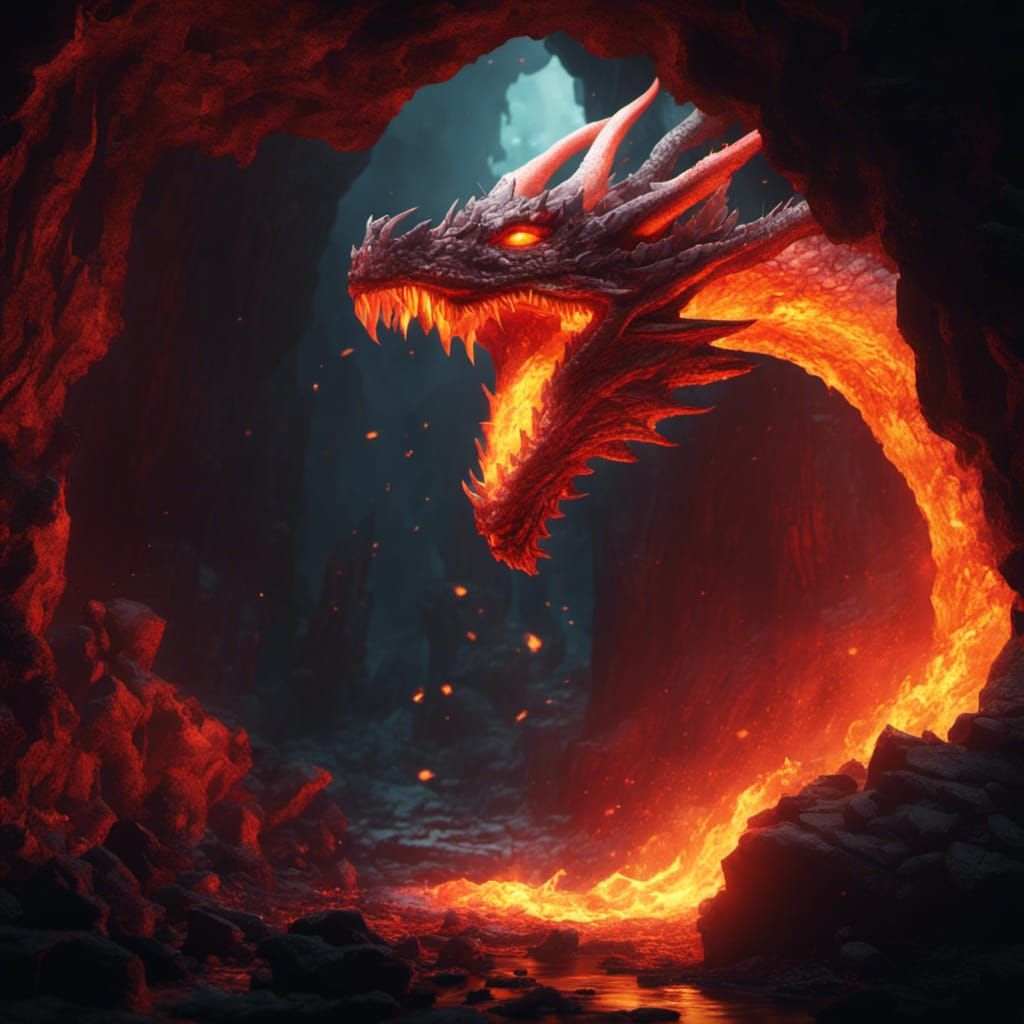 Pixel Art Fire Dragon in Lava Cave