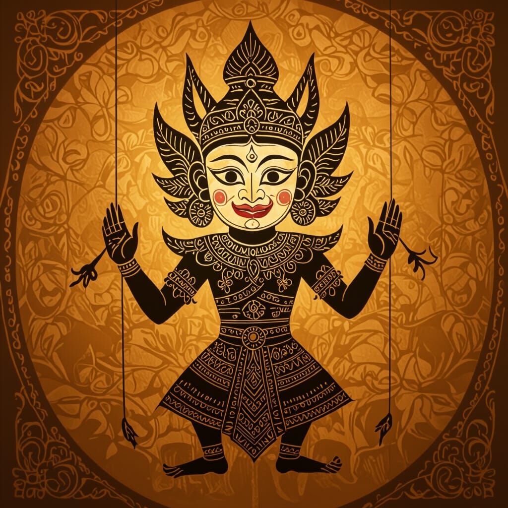 Ornate Wayang Kulit Shadow Puppet with Golden Backdrop