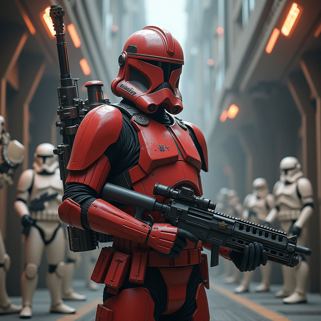 Crimson-Armored Clone Trooper Guarding Space Station