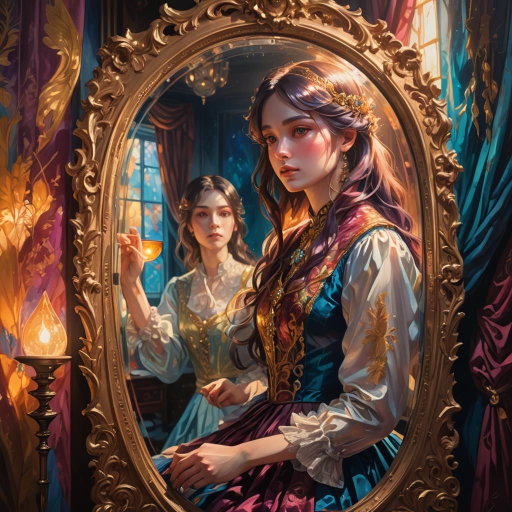 Anime Girl's Mirror: Fantasy Oil Painting in Unreal Engine